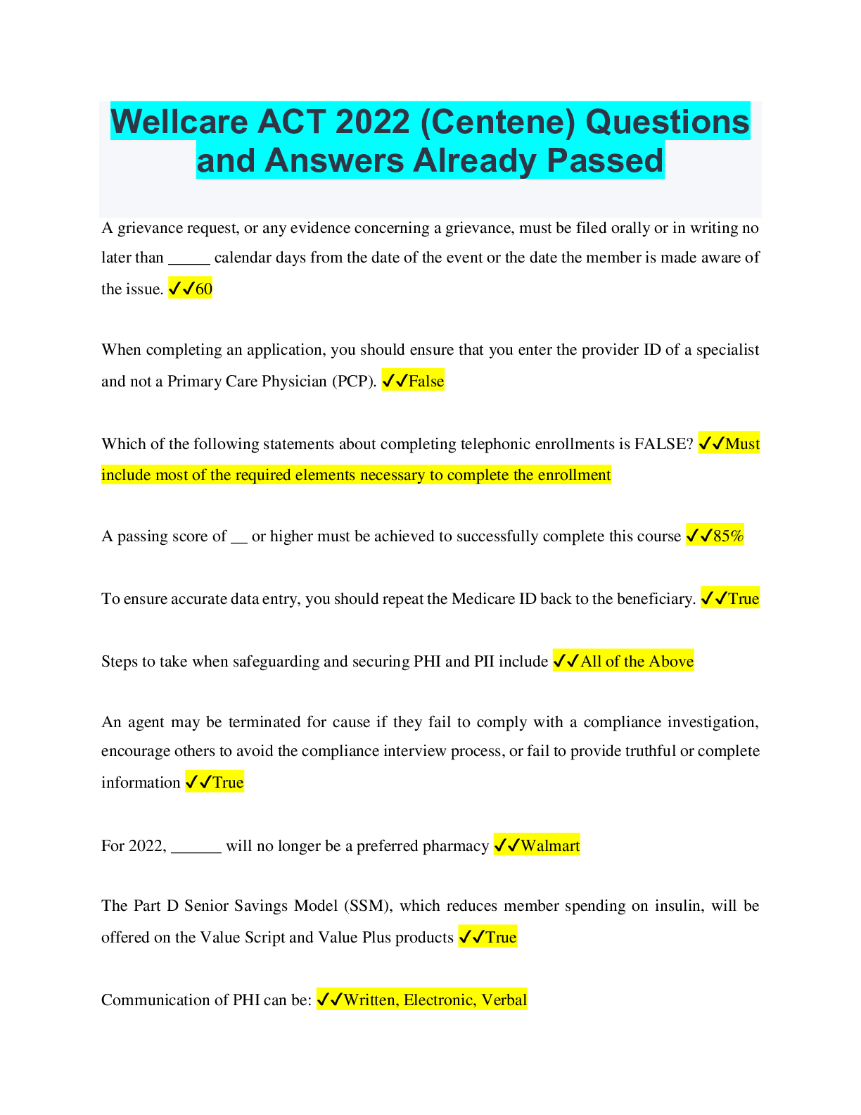 Preview image for Wellcare ACT 2022 (Centene) Questions and Answers Already Passed